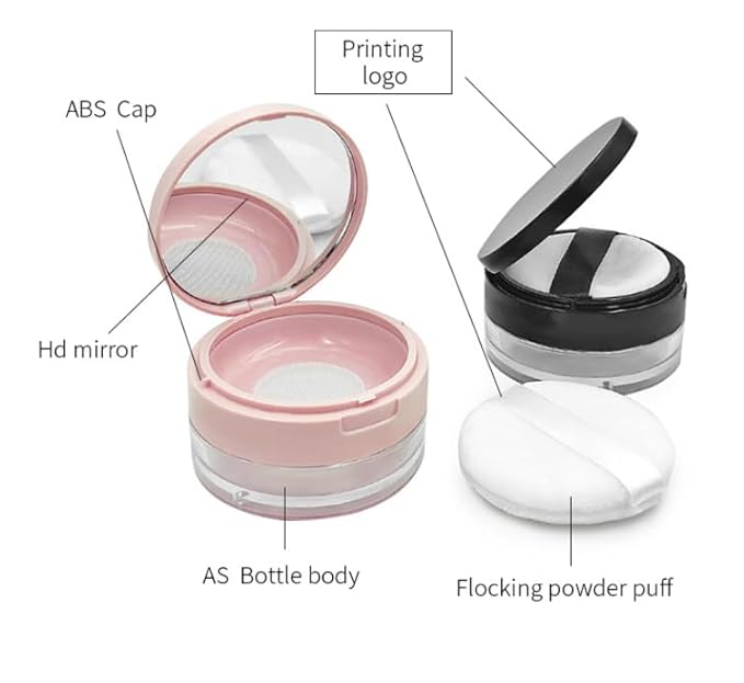 Loose Powder Cocntainer No Leaks Empty Reusable Plastic Loose Powder Compact Container Makeup Powder Case with Sponge Powder Puff,Elasticated Net Sifter and Pink Threaded Screw Lid-GlimoraGlow
