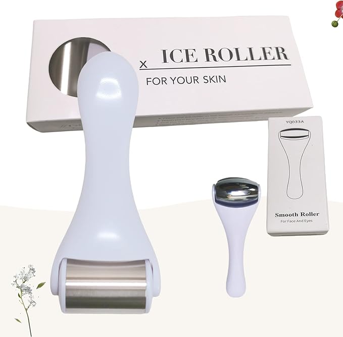 Ice Roller & Massager for Face & Eyes - Stainless Steel, 2 Pcs, Pain Relief, Dark Circles, Migraine (White)-GlimoraGlow