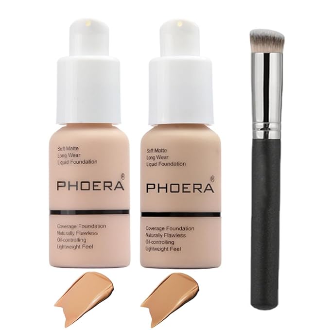 2 Pcs Liquid Foundation Full Coverage 24HR 30ml Matte Oil Control Foundation Makeup Concealer (Buff Beige & Sand) with Kabuki Foundation Brush Flat Top-GlimoraGlow