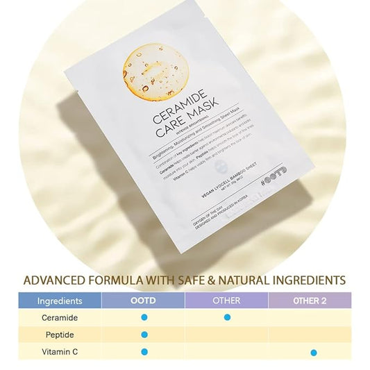 #OOTD Ceramide Brightening Sheet Mask For Face, Moisturizing, Anti Aging Ceramide, Peptide, Vitamin C, EVE Vegan 10EA-GlimoraGlow