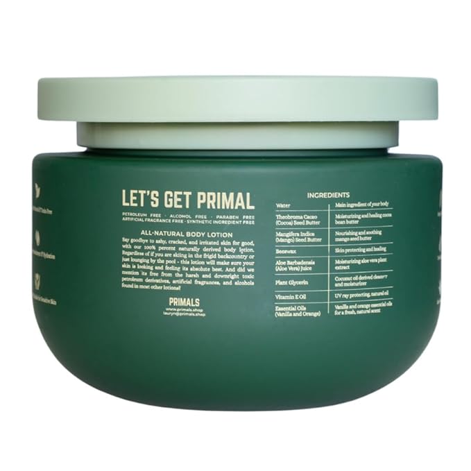 PRIMALS All Natural Body Lotion - Cocoa Butter & Mango Butter - 100% Naturally Derived Ingredients - Alcohol Free, Artificial Fragrance Free, Paraben Free, Petroleum Derivative Free - 8.45 oz-GlimoraGlow