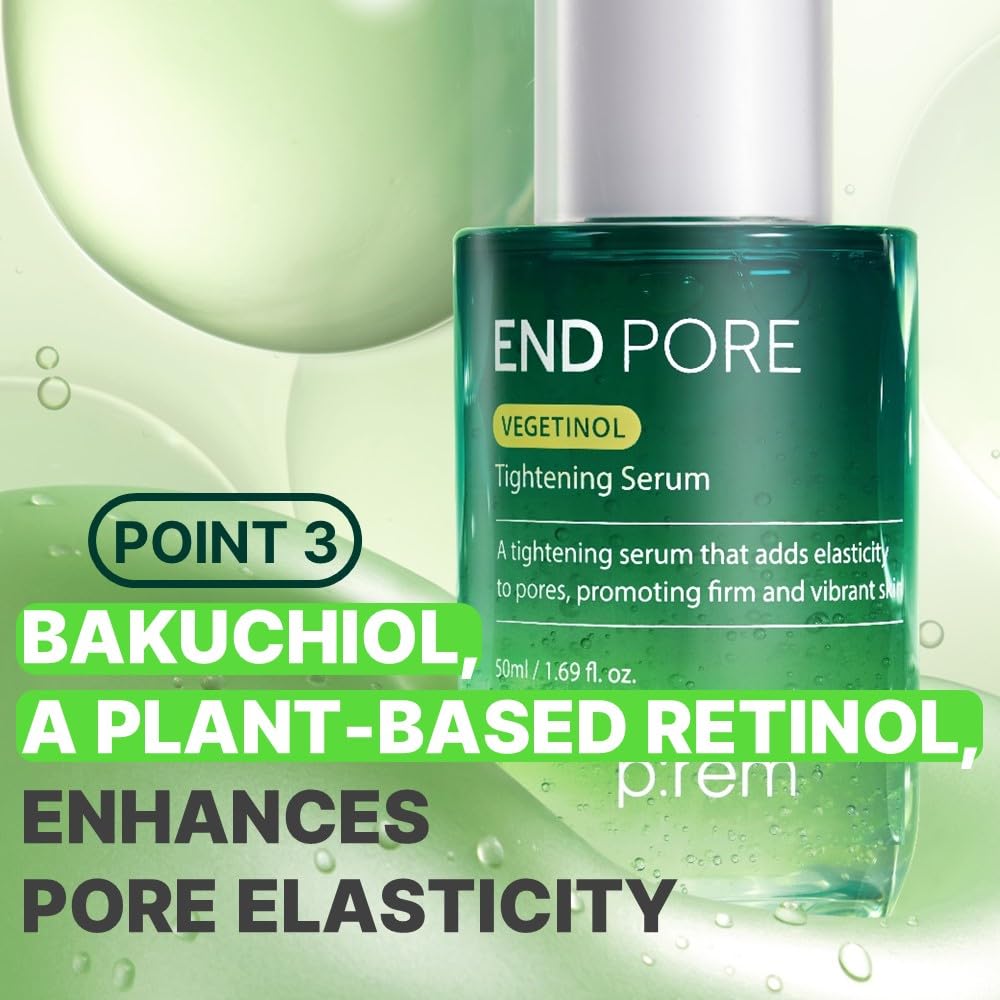 MAKE P:REM End Pore Vegetinol Tightening Serum, Pore Tightening Bakuchiol Serum with Vegan Collagen and Vitamin B Complex for Sensitive Skin, Korean Skin Care, 1.69 Fl. Oz, 50ml-GlimoraGlow