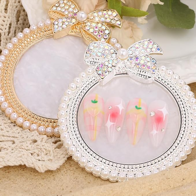 2 Pack Bow with Rhinestones Pearl Nail Art Palette Nail Polish Art Painting Mixing Palette Holder Pearl Edge Professional Cosmetic Nail Art Tools for Women and Girls Nail Polish Display-GlimoraGlow