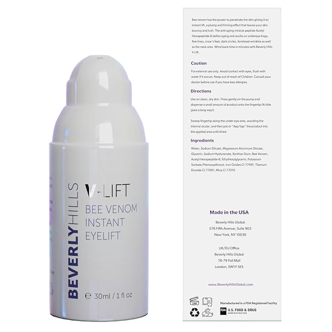 Beverly Hills V-Lift Instant Eye Lift and Eye Tuck Bee Venom Serum for Puffy Eyes, Dark Circles, Wrinkles, and Under Eye Bags Treatment for Women and Men | 30mL (120 Day Supply)-GlimoraGlow