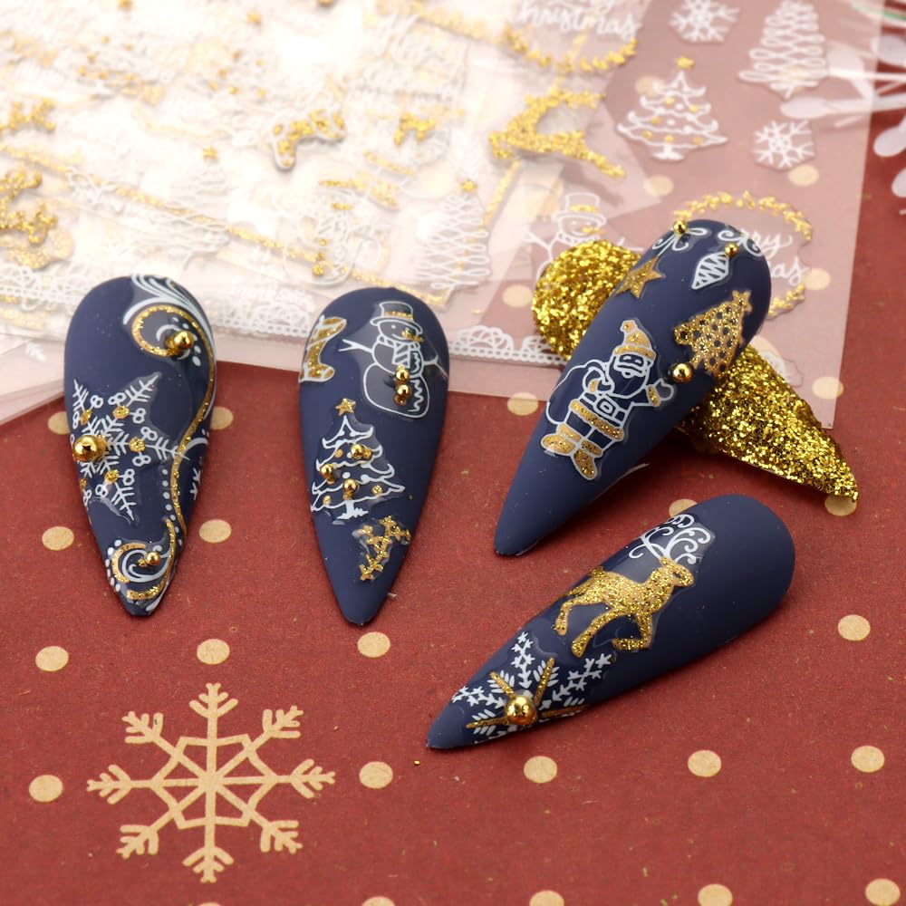 JMEOWIO 9 Sheets Christmas Nail Art Stickers Decals Self-Adhesive Pegatinas Uñas Bling Snowflake Snowman Holiday White Gold Nail Supplies Nail Art Design Decoration Accessories-GlimoraGlow