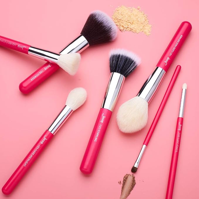 Jessup Brand 25pcs Professional Makeup Brush Set Beauty Cosmetic Foundation Powder Blusher Eye Shadow Blending Concealer Highlight Natural-Synthetic Hair Brushes Set (Rose Carmine/Silver)-GlimoraGlow