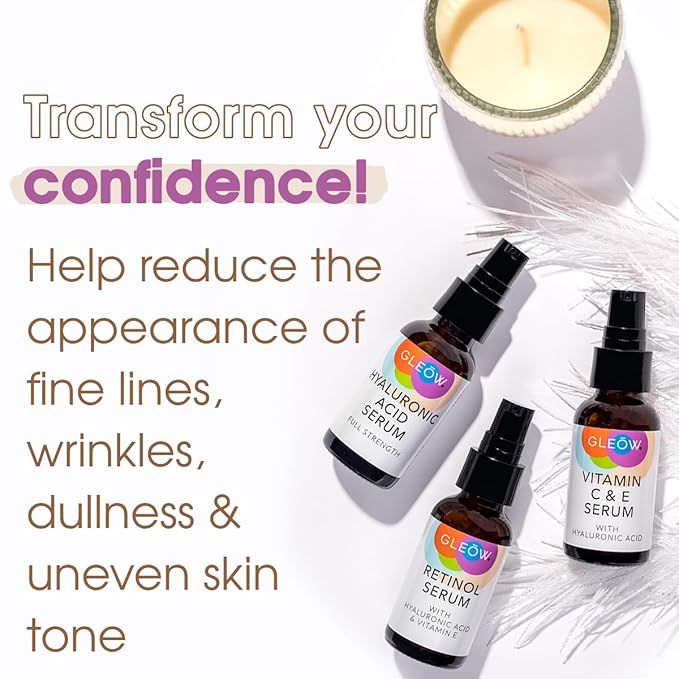 Retinol Serum for Face, Vitamin C with Hyaluronic Acid Face Serum for Women and Men, Glow Skin Care Set Total Package Targets Appearance of Uneven Skin Tone and Dryness 3x1oz-GlimoraGlow