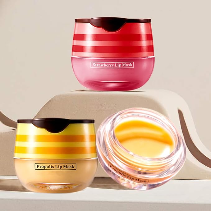 2 PCS Lip Balm Honey Pot, Honey & Strawberry Lip Sleeping Mask Vitamin E & Moisturizing Propolis Lip Balm with Stick, Prevention Dry and Cracked Lip Scrubs Exfoliator Lip Wrinkle-GlimoraGlow