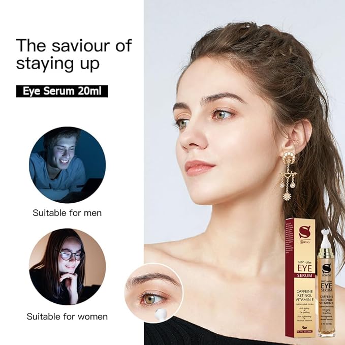 Caffeine Eye Serum Anti Aging, Retinol Eye Serum with 360° Massage Ball for Dark Circles and Puffiness, Deeply Moisturizing, Firms and Lifts Eye Skin, Enhance Skin Elasticity, Smooth Fine Lines-GlimoraGlow