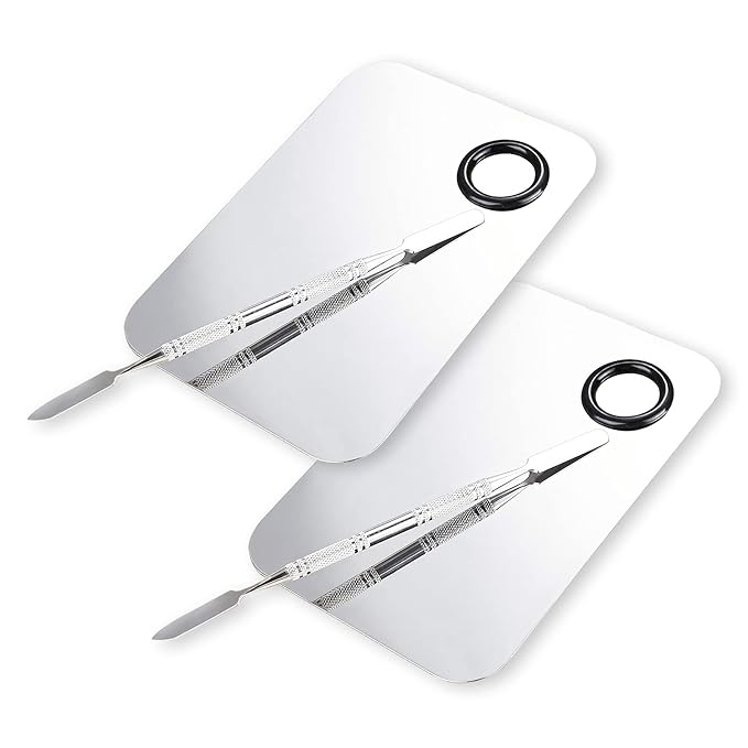 2 Pcs Makeup Mixing Palette, Upgrad Stainless Steel Metal Foundation Palette with Spatula Artist Tool for Mixing Foundation Nail-Art 5.9x3.9 in-GlimoraGlow