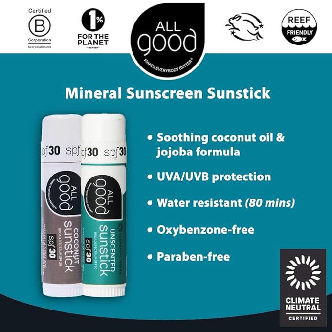 All Good Sunstick - Face Sunscreen, Water Resistant, UVA/UVB Broad Spectrum SPF 30+, Coral Reef Friendly - Beeswax, Zinc, Vitamin E, Shea Butter (Coconut)-GlimoraGlow