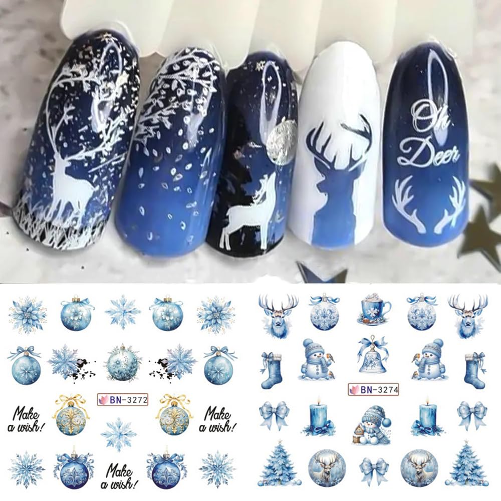 12 Sheets Christmas Nail Art Stickers Winter Snowflake Snowman Water Transfer Nail Decals Xmas Tree Santa Claus Penguin Gingerbread Man Design Acrylic Nail Foils for Women Kids DIY Holiday Nail Decor-GlimoraGlow