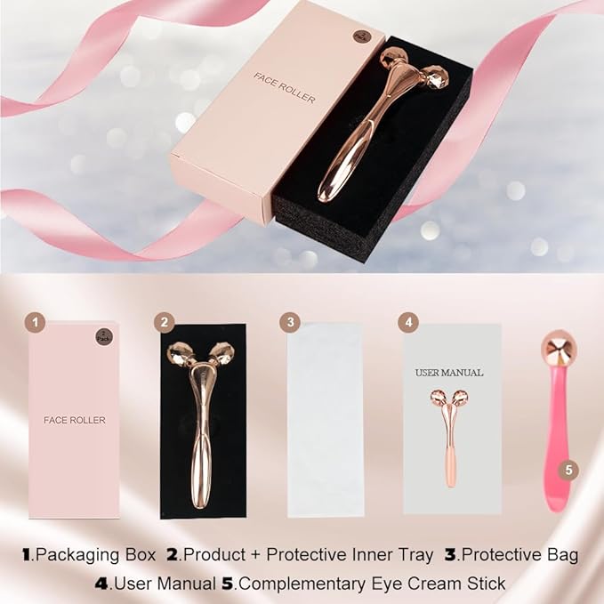 3D Face Roller Metal Facial Massager Face Sculpting Gua Sha Massage Tool for Eye Skin Care Reducing Puffiness Anti-Wrinkle for Women Girl Gift Set(Rose Gold)-GlimoraGlow