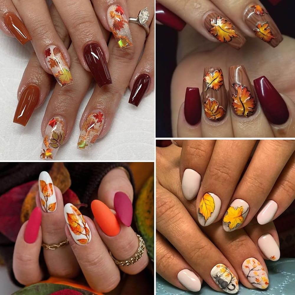 12 Sheets Fall Maple Leaf Nail Art Stickers Autumn Water Transfer Nail Decals Thanksgiving Day Nail Art Supplies Turkey Pumpkin Leaves Scarecrow Nail Design Slider Stickers for Women Nail Decorations-GlimoraGlow