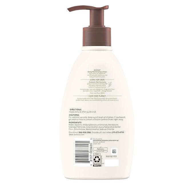 Aveeno Daily Moisturizing Body Lotion with Soothing Prebiotic Oat, Gentle Lotion Nourishes Dry Skin With Moisture, Paraben-, Dye- & Fragrance-Free, Non-Greasy & Non-Comedogenic, 12 fl. Oz-GlimoraGlow