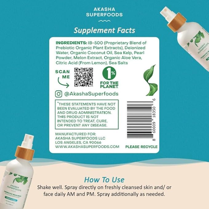 Akasha Prebiotic Skin Mist 3.4oz I Organic Facial Mist, Sea Kelp Extract, Face Spray for Naturally Restoring the Skins Microbiome, Dewy, Help Acne, Psoriasis & Sunburn*, Anti Aging Skin Care Products-GlimoraGlow