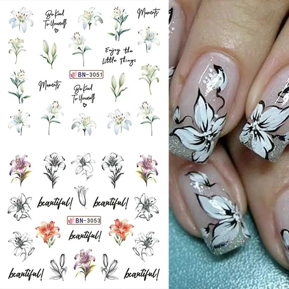 12 Designs Flower Nail Art Stickers - Lily Acrylic Decals for Spring Summer Decorations - Colorful Assorted Floral Water Transfer Slider Foil Sticker for Women-GlimoraGlow