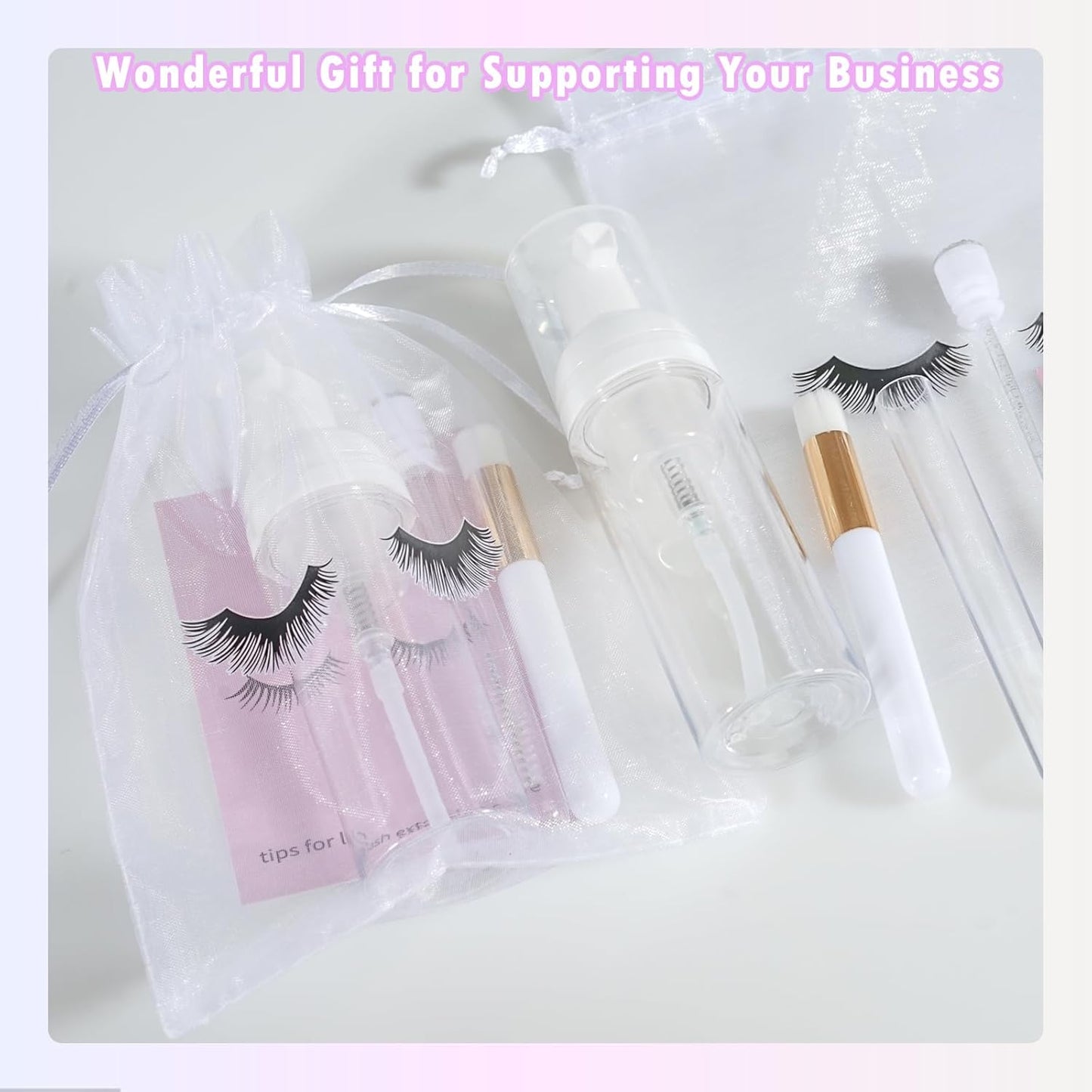 50PCS Lash Shampoo Bottles Brushes Set, Empty Lash Shampoo Bottle, Lash Cleaning Brush, Eyelash Extension Tube Brush, Instructions Cards, Aftercare Bags for Lash Business Clients (50pcs in white)-GlimoraGlow