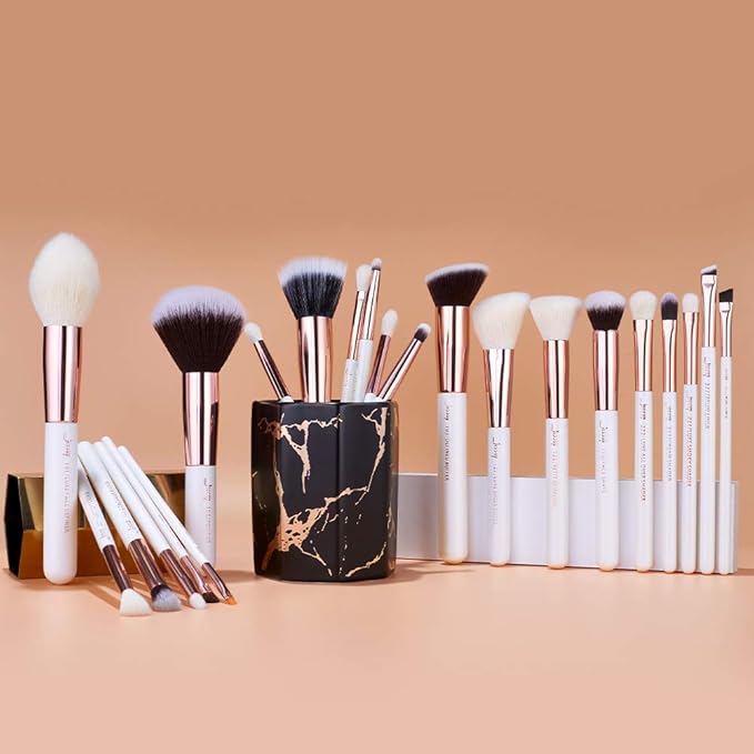 Jessup Brand 25pcs Professional Makeup Brush set Beauty Cosmetic Foundation Power Blushes eyelashes Lipstick Natural-Synthetic Hair Brushes set (Pearl White/Rose Gold)-GlimoraGlow