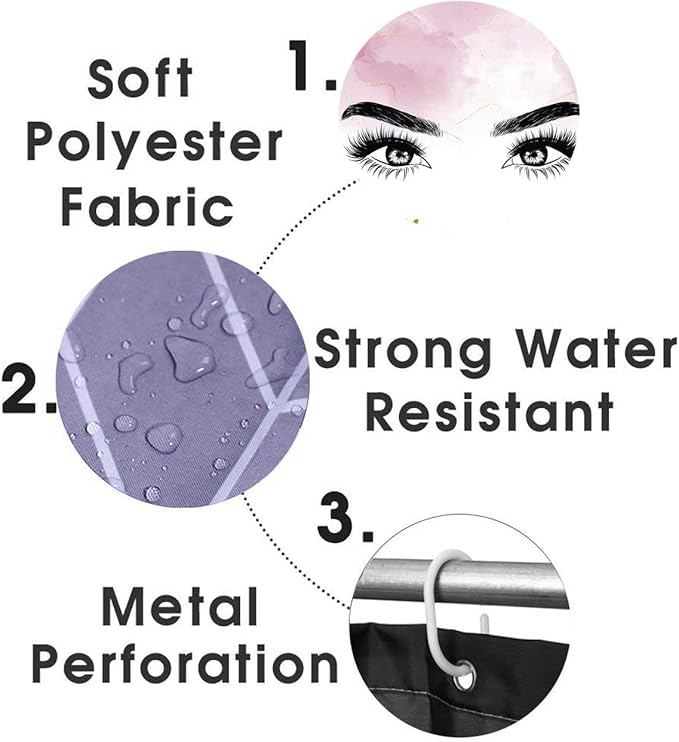 4PCS Hello Gorgeous Eyelash Shower Curtain Set, Gold Glitter Quotes Black Eyebrow Makeup Pink Marble Glam Modern Fashion Girly Women Bathroom Decor, Non-slip Bath Mat Toilet Rug, Charming Eyes-GlimoraGlow