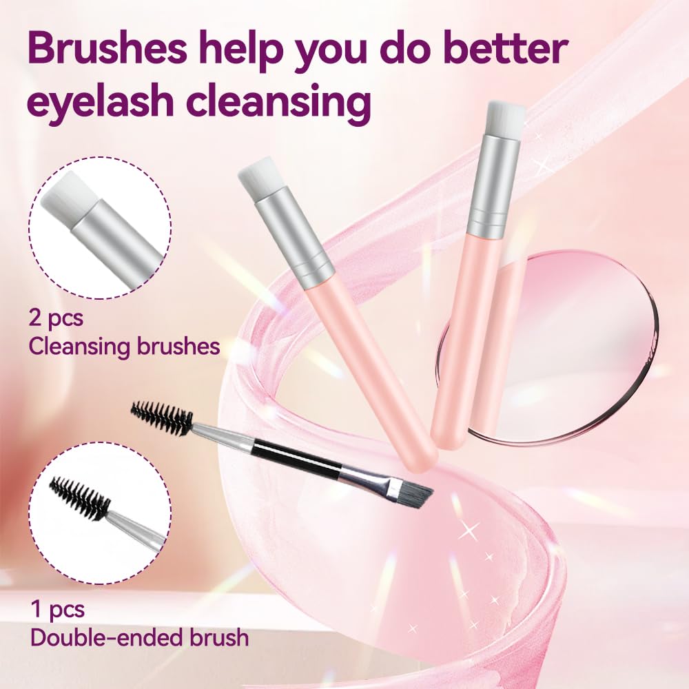 Lash Shampoo Kit, 2 fl.oz / 60ml Eyelash Cleanser, Eyelash Shampoo for Lash Extensions, Lash Cleaning Kit with Lash Fan Dryer, Eyelash Remover for Salon and Home Use-GlimoraGlow