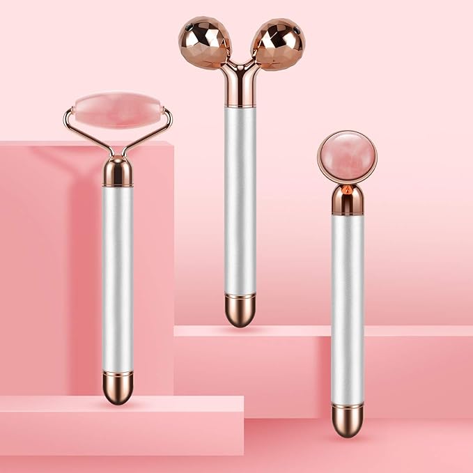 DANGSHAN 3-in-1 Electric Jade Roller 3D Roller Facial Roller & Face Massager, Rose Quartz-GlimoraGlow