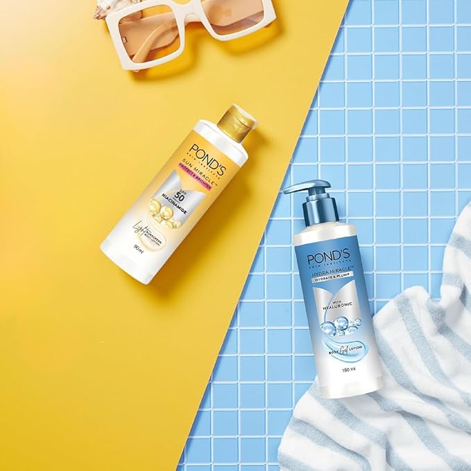 POND-S. Sun Miracle Body Lotion, SPF 50 PA+++, 90 ml, UVA/UVB Protection, 1% Niacinamide, Lightweight, No White Cast 3.0 Fl.oz.-GlimoraGlow