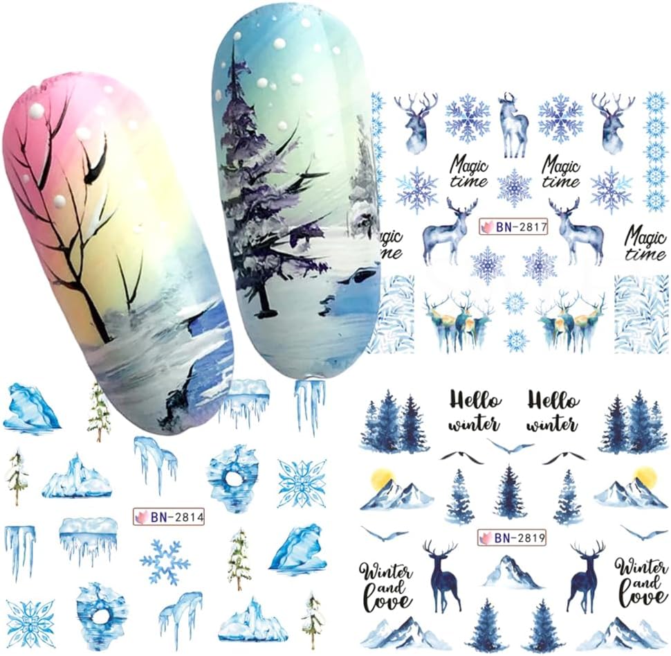 12 Sheets Snowflake Nail Art Stickers Water Transfer Nail Decals Christmas Nail Art Decorations Blue Snowflake Elk Santa Tree Bear Cute Winter Pattern Watermark Nail Stickers for Women DIY Nail Supply-GlimoraGlow