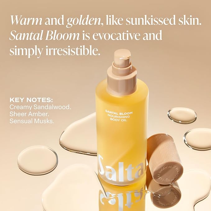 Saltair Body Oil. Luxurious Santal Bloom After Shower and Bath Oil Moisturizer for Women and Men. Botanical, Non-Greasy, and Well-Absorbing Lotion for Hydrating Dry Skin. 4oz Pump Bottle-GlimoraGlow