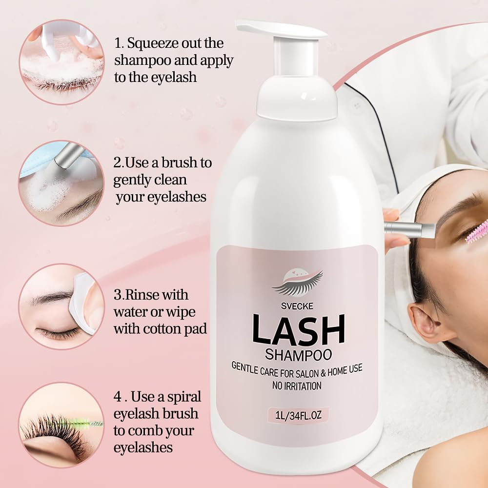 Lash Shampoo 34fl.oz/1L, Eyelash Shampoo for Lash Extension, Eyelash Extension Cleanser, Lash Eyelid Foam Cleaning Kit for Salon Use and Home Use-GlimoraGlow