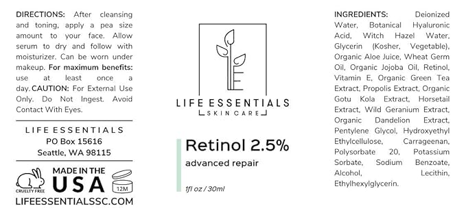 Life Essentials Retinol Serum 2.5% for Wrinkles, Fine Lines, Acne Scars, & Skin Blemishes- Vitamin A + Hyaluronic Acid, Vitamin E, Organic Green Tea, Jojoba Oil - Organic and Natural-GlimoraGlow
