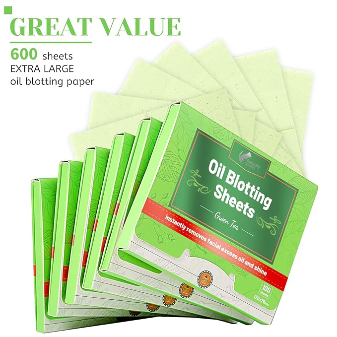 Oil Blotting Sheets for Face - Green Tea,26% Larger,6pk/600 Natural Blotting Paper for Oily Skin,Makeup Friendly Oil Absorbing Sheets,Easy To Grab One-GlimoraGlow