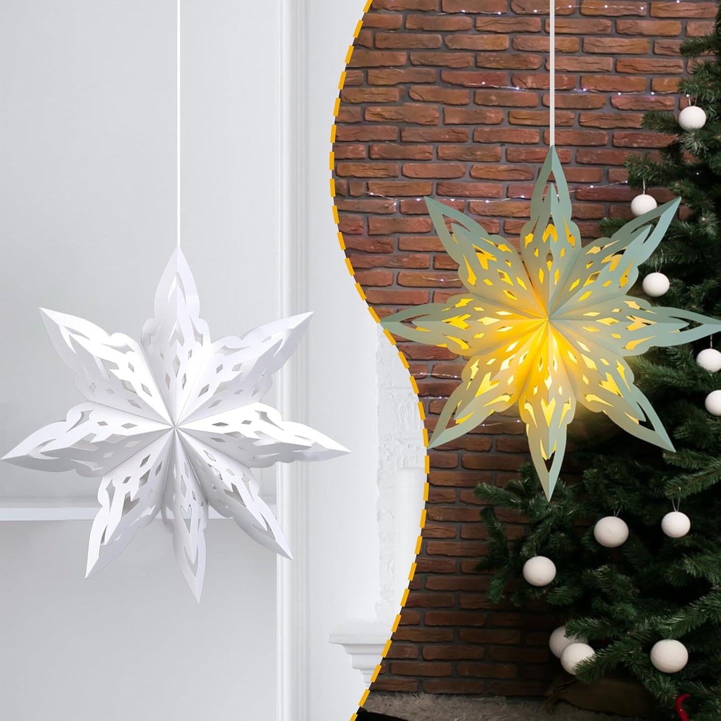 5 Pack Christmas Paper Snowflake Lanterns, Christmas Paper Star Lantern with LED Light White Hanging Lamp Ornaments for Xmas Tree New Year Winter Frozen Weddings Birthday Holiday Party Decorations