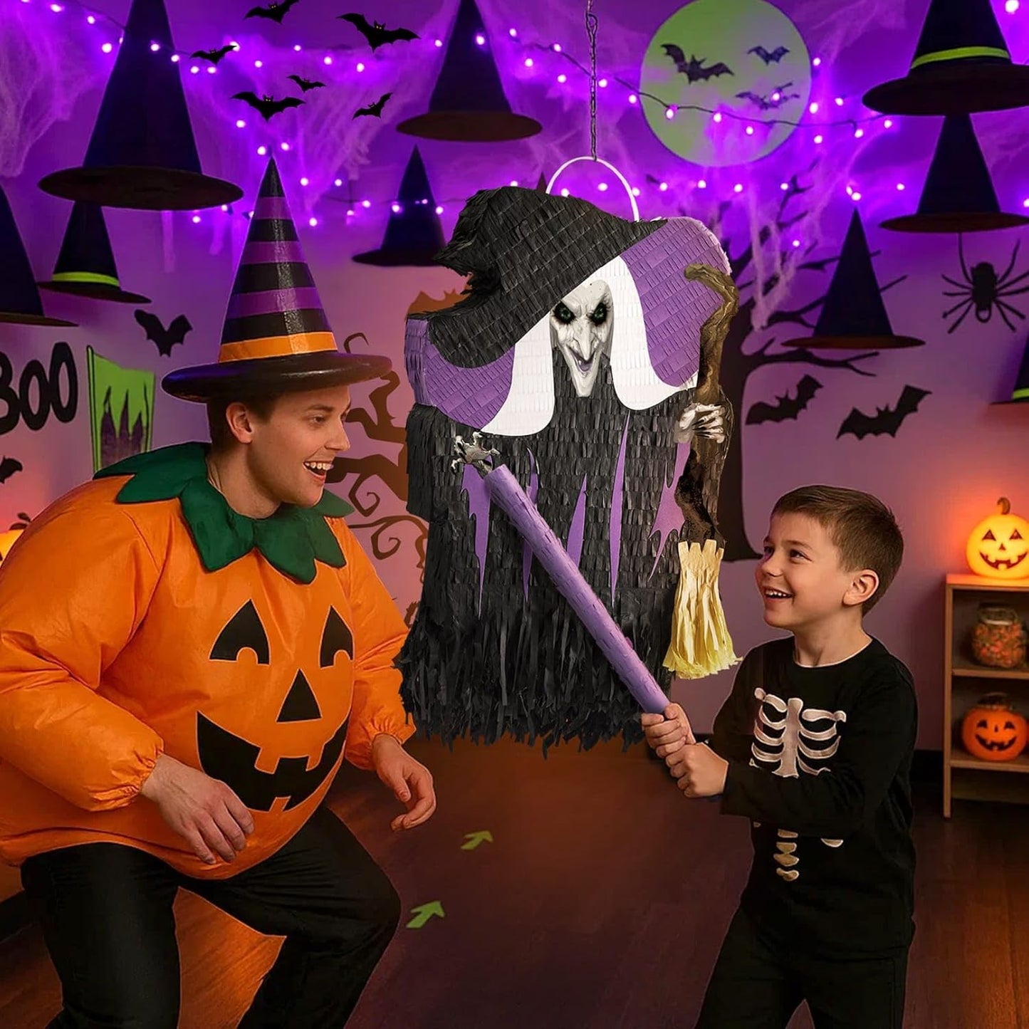 WERNNSAI Halloween Witch Pinata - Halloween Witch Party Game Hallow-een Party Decorations for Kids Birthday Decor Favor Scary Hallow-een Decorations Hallows Eve Supply with Bat Blindfold