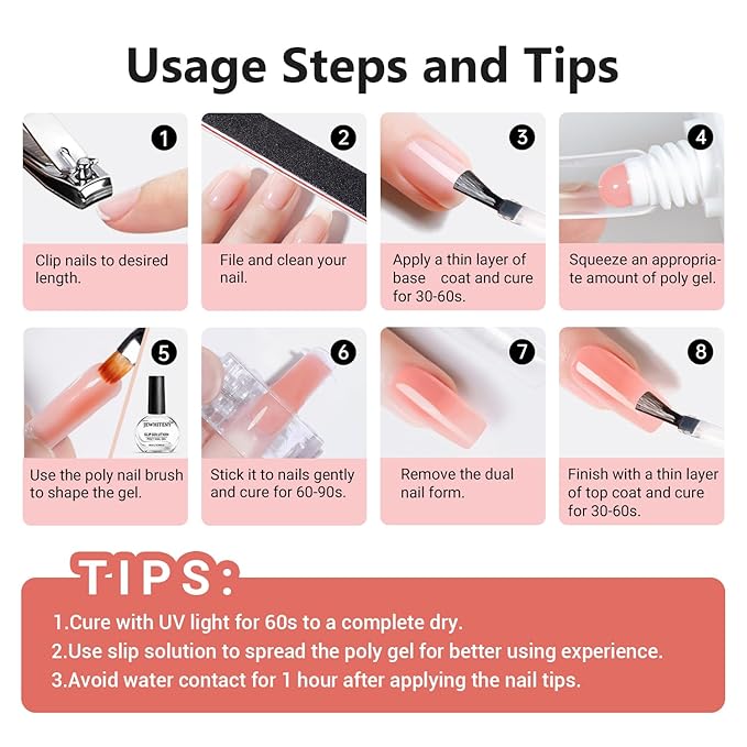 JEWHITENY Poly Nail Gel Set Clear Pink White Poly Extension Gel With Base Coat Top Coat Slip Solution French Manicure Need U V Lamp Curing for Finger Art and Home DIY-GlimoraGlow