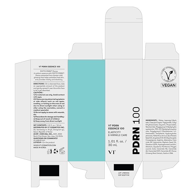 VT COSMETICS PDRN 100 Essence, Intensive Glow Serum, 100,000ppm Vegan PDRN, Skin Restoration & Plumping, Hydrating & Moisturizing, Firming, Fine Lines, Korean Skincare 1.01 fl. Oz.-GlimoraGlow