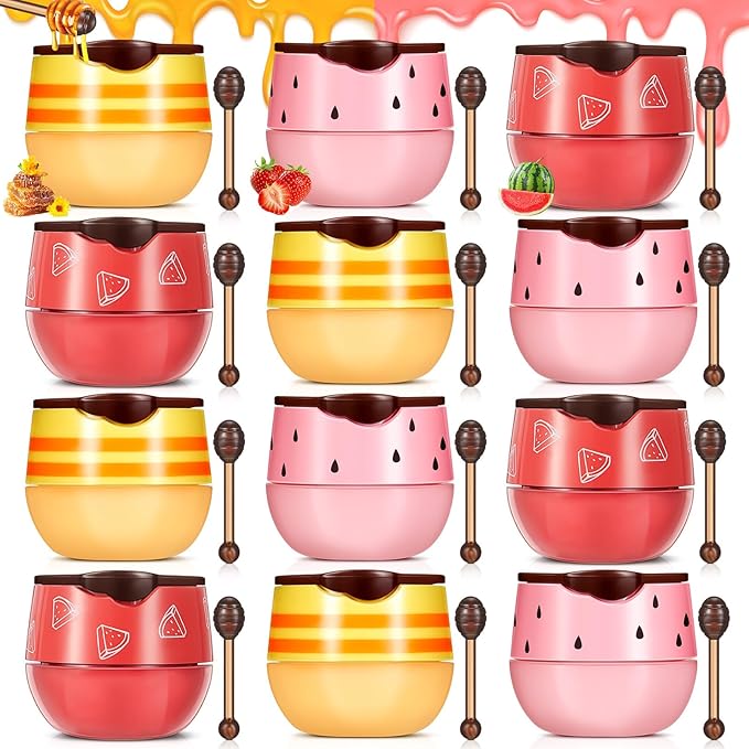 12 Pcs Bee Lip Balm Honey Pot with Brush Propolis Lip Mask Overnight, Moisturizing Hydrating Lip Sleeping Mask Prevention Dry and Cracked(Honey+Strawberry+Watermelon)-GlimoraGlow