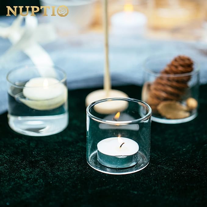 NUPTIO Clear Tealight Candle Holders: Set of 12 Glass Votive Holders - Small Floating Candleholder for Wedding Birthday Holiday Table Centerpieces Decoration (2.24 x 1.97 inch)