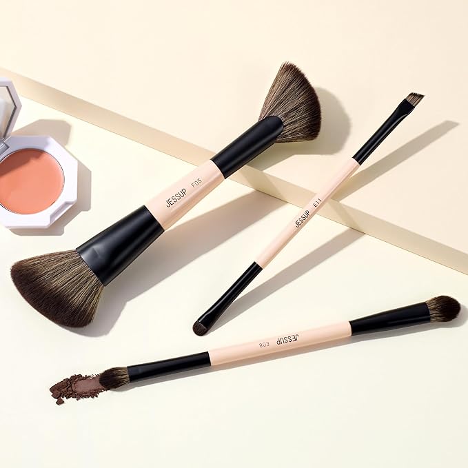 Jessup Travel Makeup Brushes Set 3pcs, Double Sided Contour Brush Dual Ended Eye Shadow Shader Eyeliner Brush, Multi-functional Makeup Set Peach Dust T507-GlimoraGlow