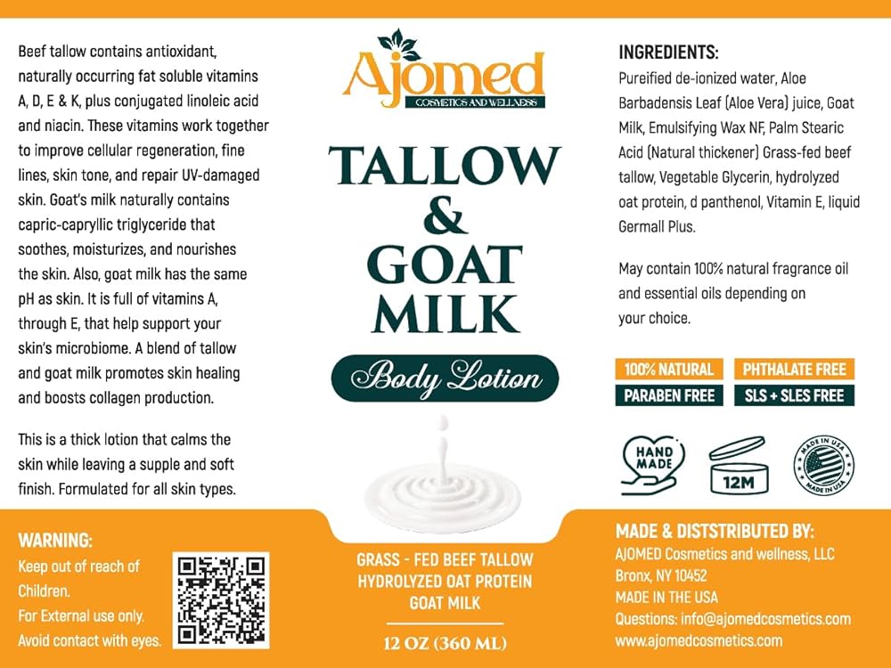Grass Fed Beef Tallow & Goat Milk Body Lotion for Sensitive Skin, Organic Tallow moisturizer- Soothes Dry Patches, Goat Milk Moisturizer - Handmade Tallow Body Lotion (Oatmeal & Honey, 12 Oz)-GlimoraGlow