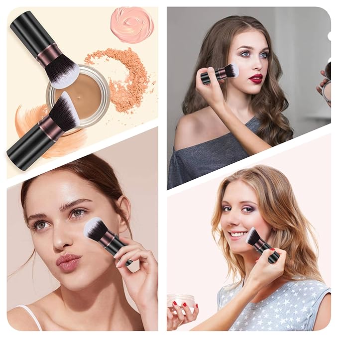 Retractable Makeup Brush, Travel Kabuki Powder Makeup Brush 2 Pack, Foundation Face Blush Brushes for Blending Liquid, Blush, Bronzer, Buffing, Sunscreen,Flawless Cosmetics-GlimoraGlow