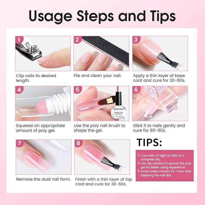 JEWHITENY Poly Extension Gel Nail Set Clear White Pink Poly Nail Gel With Base Coat Top Coat for Finger Art and Home DIY French Manicure Need U V Lamp Curing-GlimoraGlow