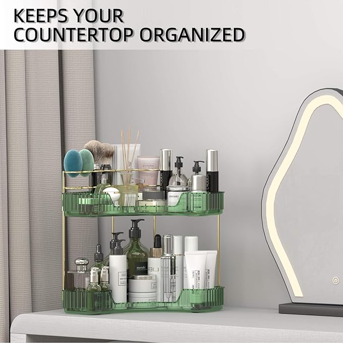 2 Tier Corner Bathroom Organizer Countertop, Vanity Makeup Organizer with Brush Holder, Space-Saving Skincare Storage Corner Shelf for Bathroom, Dressing Table, Kitchen-GlimoraGlow