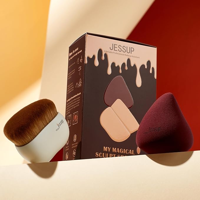 Jessup Makeup Brush Foundation Brush with Makeup Sponge 1pc Kabuki Brush for Liquid, Cream or Flawless Powder Cosmetic Face Boby Brush, T882-GlimoraGlow