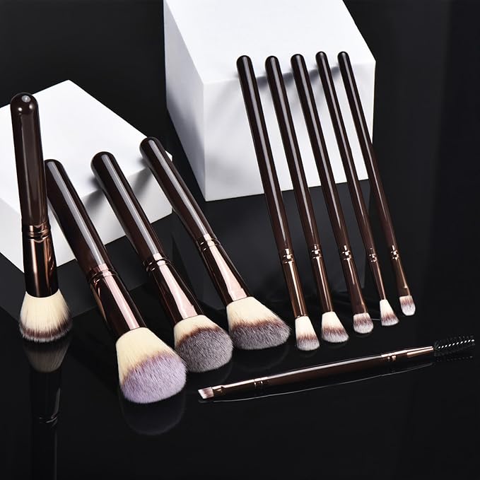 10 Piece Black brown Makeup Brushes - Wooden Handle with Soft Synthetic Bristles,for Face & Eye Makeup|Professional Makeup Brushes set for Women & Girls|-GlimoraGlow