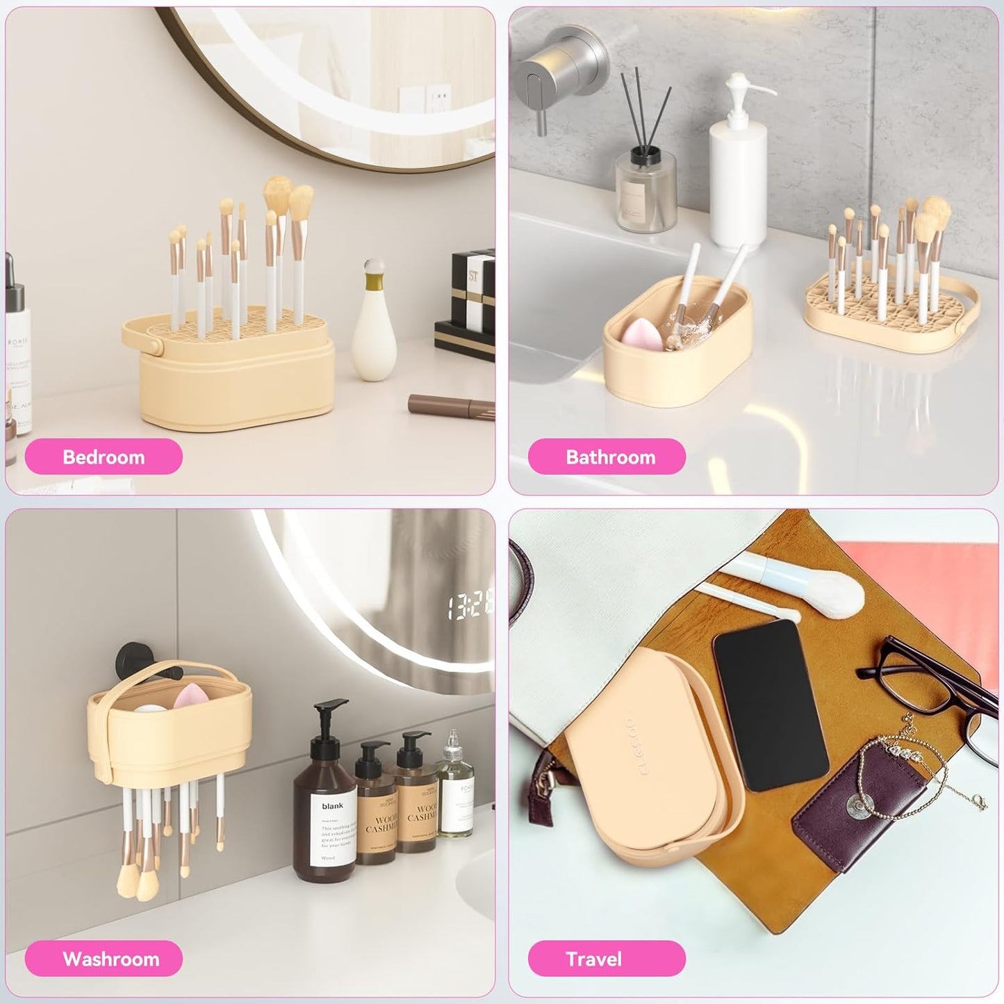 Makeup Brush Cleaner Mat 3 in 1 Makeup Brush Holder Silicone Makeup Brush Drying Rack Make Up Brush Cleaning Bowl Make Up Brush Cleaner Pad Cosmetic Storage Box Cleaning Tool for Sponge Powder Puff-GlimoraGlow