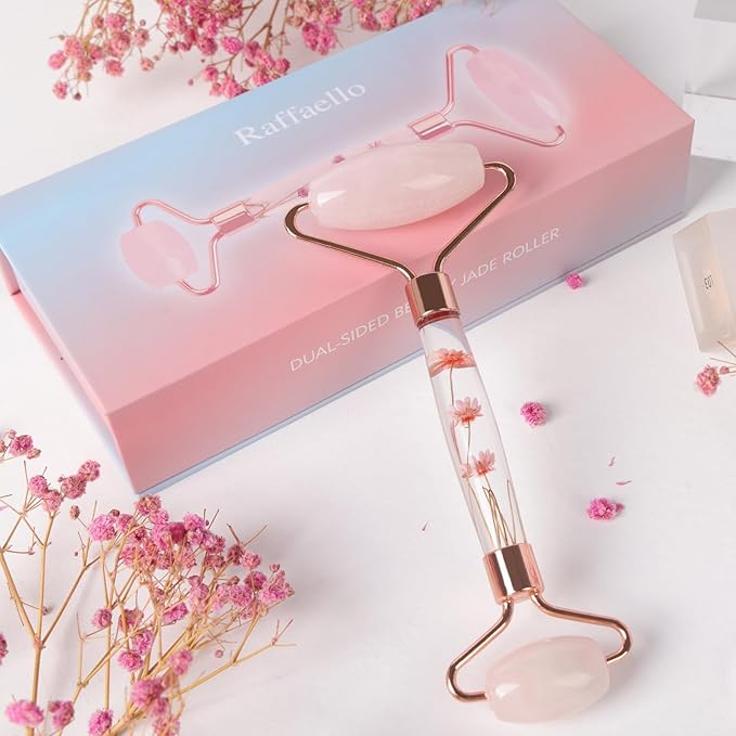 Raffaello Jade Roller - Natural Pink Facial Roller, Redness Reducing Massager for Face, Eyes, Neck - Rose Quartz-GlimoraGlow