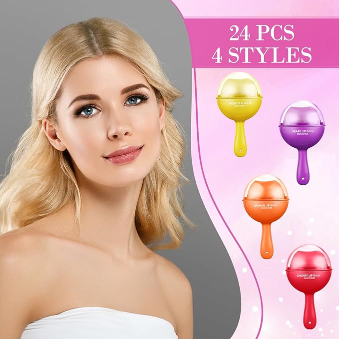 24 Pcs Lollipop Lip Balm Bulk Lip Balm Cherry Grape Orange Honey Taste Lip Balm Lip Care Gift for Women Soothing Moisturizing Lip Balms for Dry Chapped Lips Office Business Favors-GlimoraGlow
