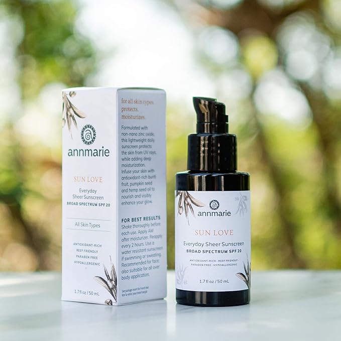 Annmarie Skin Care Sun Love SPF 20 Sunscreen - Reef Safe. - Non-Nano Zinc Oxide Sunscreen with Moisturizing Organic Pumpkin, Sunflower, Hemp Seed Oils, Lightweight & Sheer Sunscreen (50mL, 1.7 fl oz)-GlimoraGlow