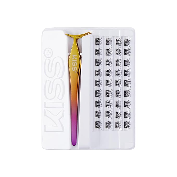 KISS imPRESS Falsies Press On Self Adhesive Eyelashes, 12mm-14mm Natural Volume Press On Lashes, Black, No Glue Needed, Invisible Band, 20 Lash Clusters & Non-Stick Applicator - Natural-GlimoraGlow